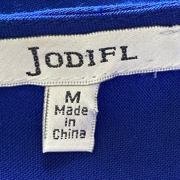 JODIFL Cobalt Blue Boho Top Multicolor Floral Embroidery & Pompom Trim Sz Medium - Picture 7 of 9